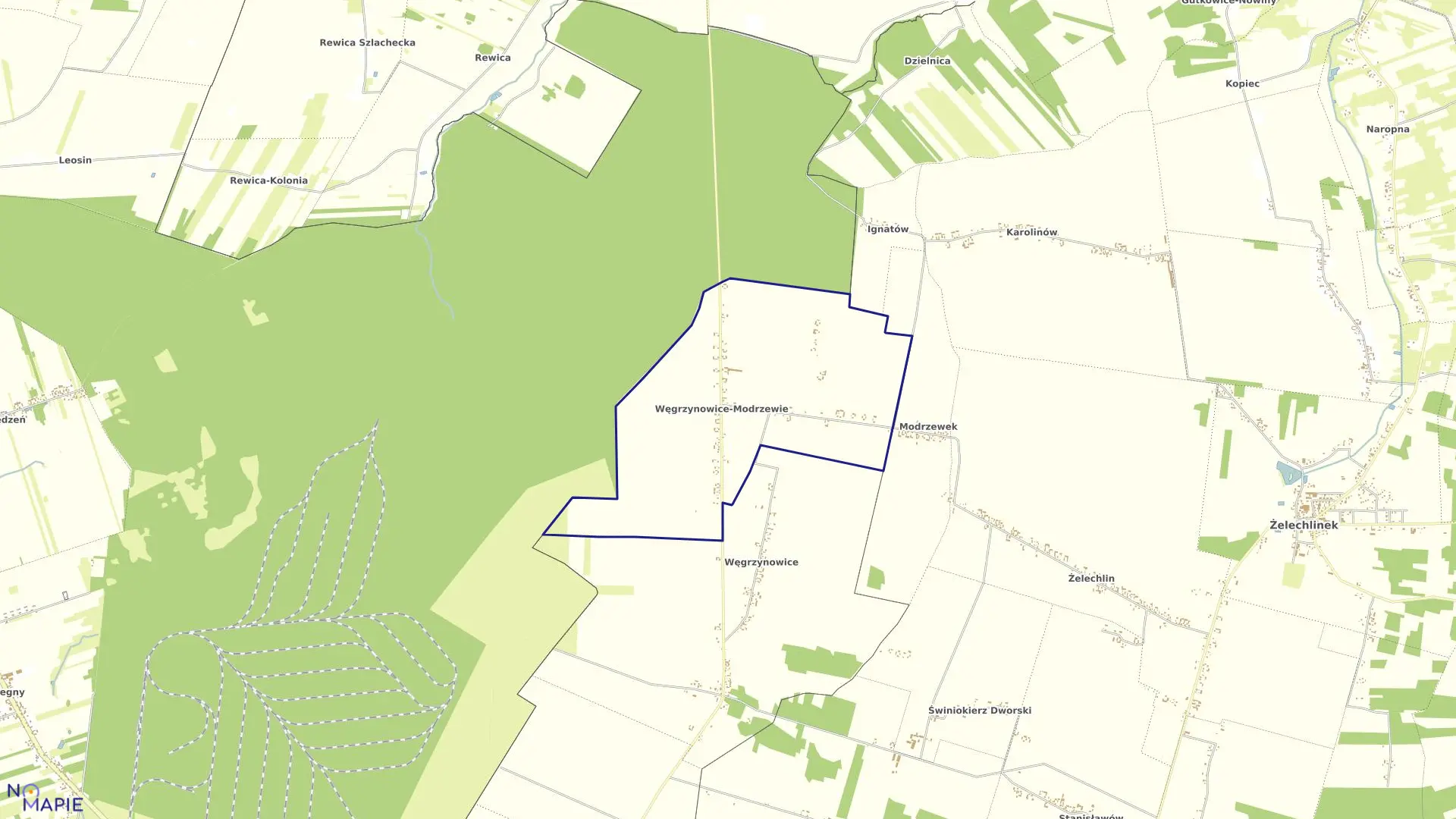 Mapa obrębu WĘGRZYNOWICE-MODRZEWIE w gminie Budziszewice